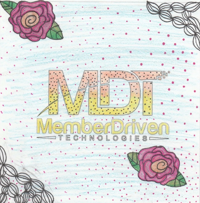 Drawing of flowers and dots and the MDT logo