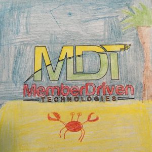 Drawing of a crab on the beach with the MDT logo